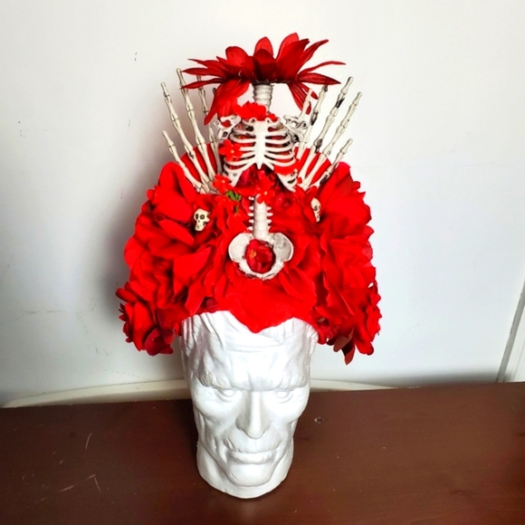 Red Floral Skeleton Skull Bone Floral Goth Headpiece Crown LED Light Up Headband - Picture 4 of 11
